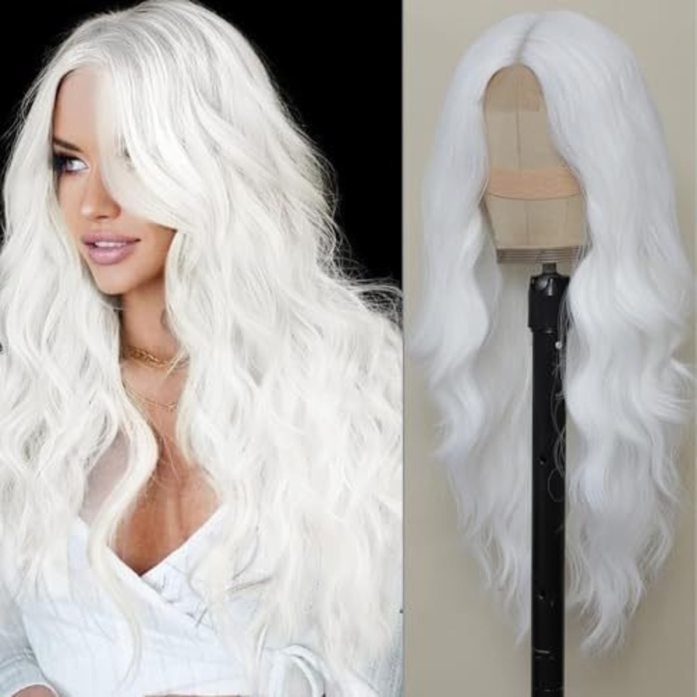 Long Wavy White Synthetic Wig Heat Resistant Cosplay Costume Hairpiece